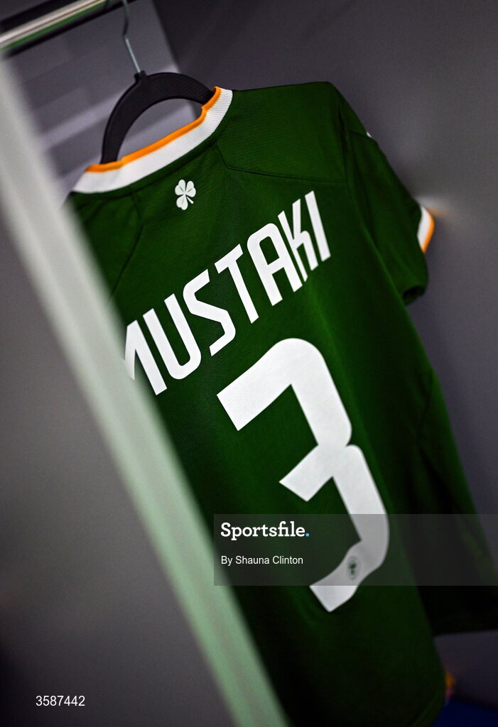 9 October 2026; The jersey of Chloe Mustaki hangs in the Republic of Ireland dressing room before the 2027 FIFA Women’s World Cup qualifying round 1 play-off first leg match between Kazakhstan and the Republic of Ireland at Astana Arena in Kazakhstan. Photo by Shauna Clinton/Sportsfile