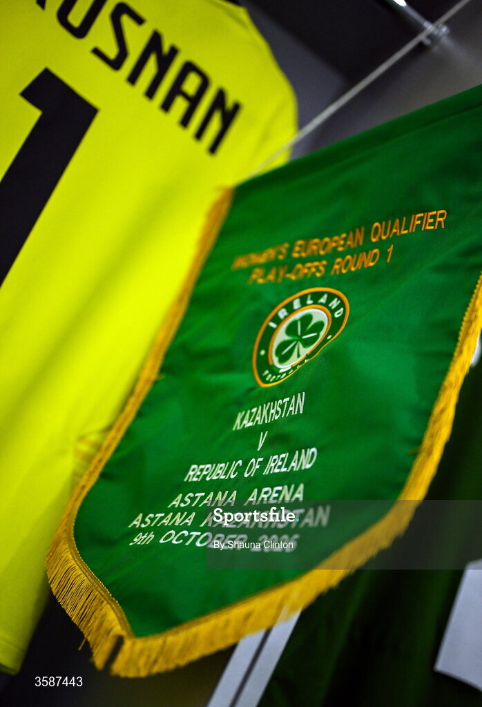 9 October 2026; A detailed view of the Republic of Ireland pennant before the 2027 FIFA Women’s World Cup qualifying round 1 play-off first leg match between Kazakhstan and the Republic of Ireland at Astana Arena in Kazakhstan. Photo by Shauna Clinton/Sportsfile
