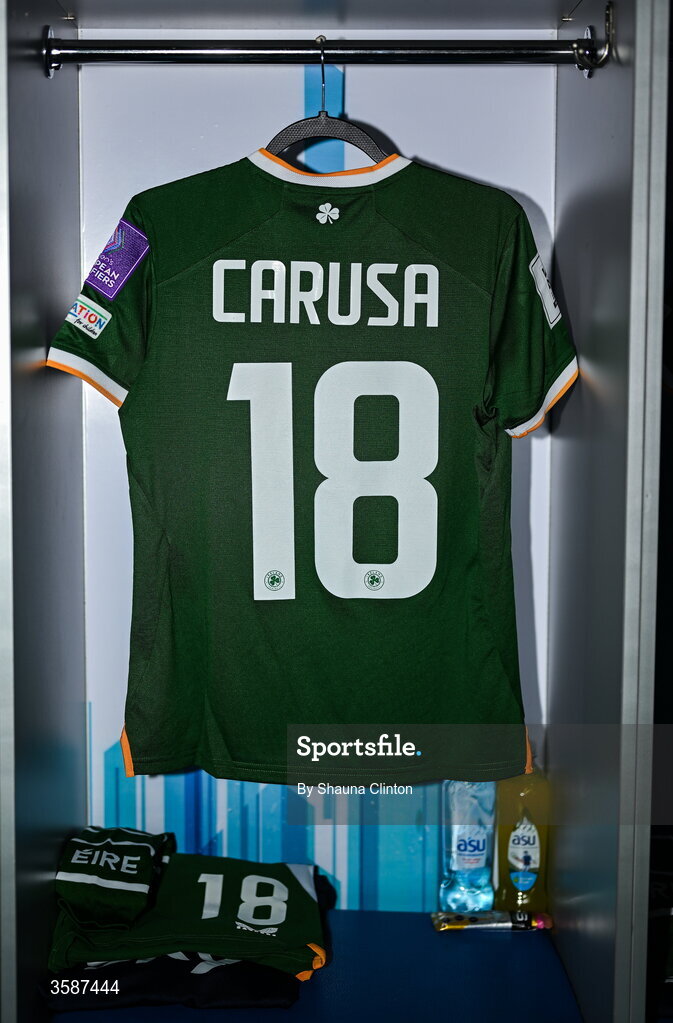 9 October 2026; The jersey of Kyra Carusa hangs in the Republic of Ireland dressing room before the 2027 FIFA Women’s World Cup qualifying round 1 play-off first leg match between Kazakhstan and the Republic of Ireland at Astana Arena in Kazakhstan. Photo by Shauna Clinton/Sportsfile