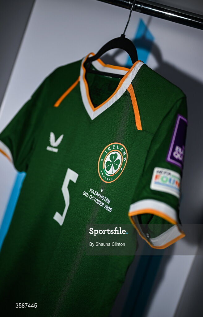 9 October 2026; The jersey of Aoife Mannion hangs in the Republic of Ireland dressing room before the 2027 FIFA Women’s World Cup qualifying round 1 play-off first leg match between Kazakhstan and the Republic of Ireland at Astana Arena in Kazakhstan. Photo by Shauna Clinton/Sportsfile
