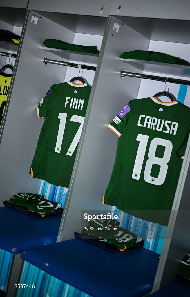 9 October 2026; The jersey of Kyra Carusa, right, and Jamie Finn hang in the Republic of Ireland dressing room before the 2027 FIFA Women’s World Cup qualifying round 1 play-off first leg match between Kazakhstan and the Republic of Ireland at Astana Arena in Kazakhstan. Photo by Shauna Clinton/Sportsfile