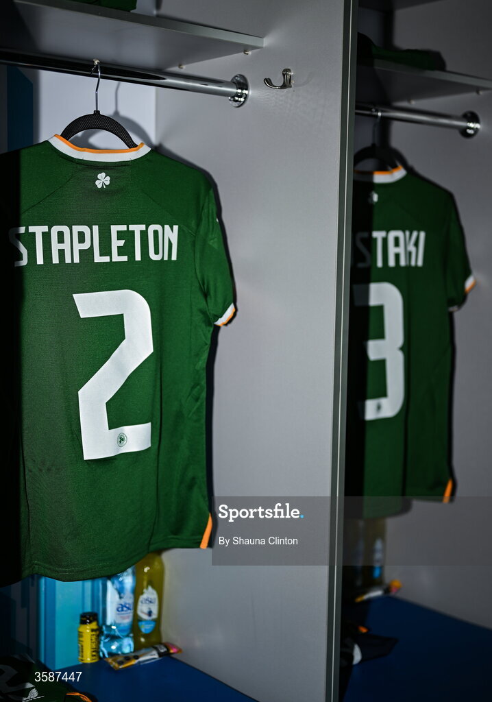 9 October 2026; The jerseys of Jessie Stapleton, left, and Chloe Mustaki hang in the Republic of Ireland dressing room before the 2027 FIFA Women’s World Cup qualifying round 1 play-off first leg match between Kazakhstan and the Republic of Ireland at Astana Arena in Kazakhstan. Photo by Shauna Clinton/Sportsfile