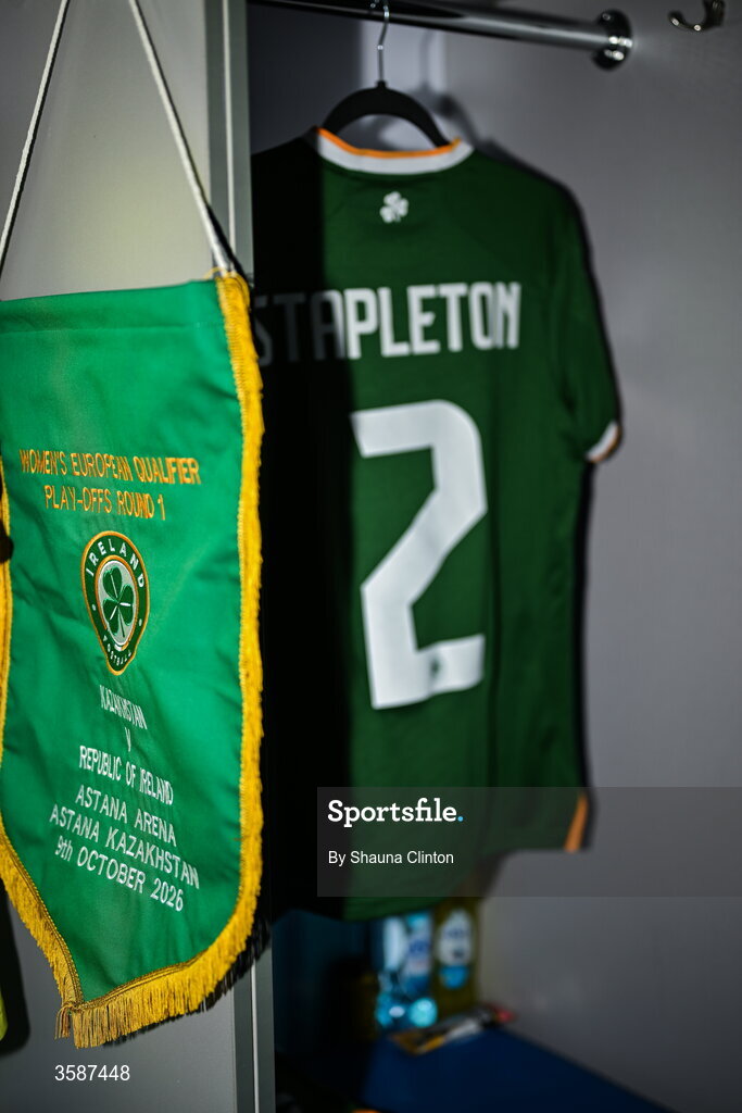 9 October 2026; The jersey of Jessie Stapleton hangs in the Republic of Ireland dressing room before the 2027 FIFA Women’s World Cup qualifying round 1 play-off first leg match between Kazakhstan and the Republic of Ireland at Astana Arena in Kazakhstan. Photo by Shauna Clinton/Sportsfile
