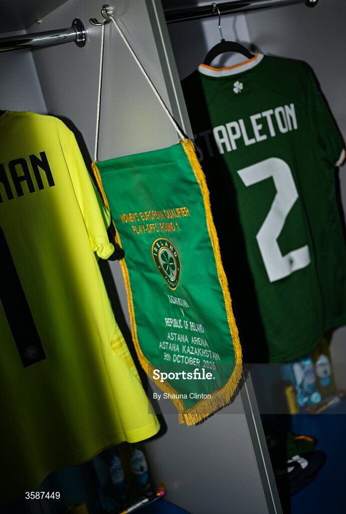 9 October 2026; A general view of the Republic of Ireland pennant before the 2027 FIFA Women’s World Cup qualifying round 1 play-off first leg match between Kazakhstan and the Republic of Ireland at Astana Arena in Kazakhstan. Photo by Shauna Clinton/Sportsfile