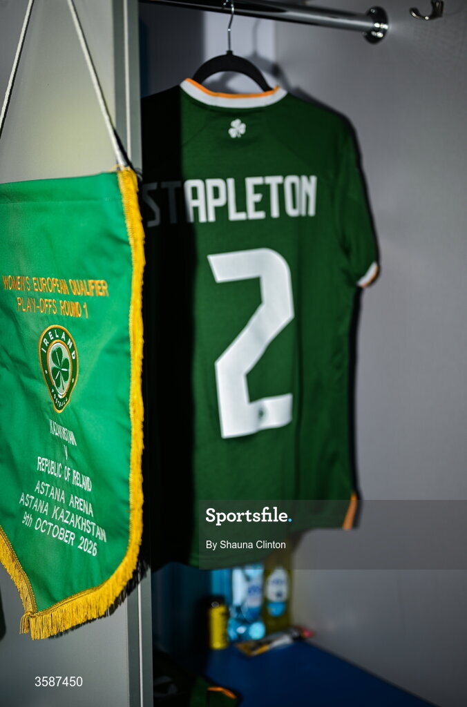9 October 2026; The jersey of Jessie Stapleton hangs in the Republic of Ireland dressing room before the 2027 FIFA Women’s World Cup qualifying round 1 play-off first leg match between Kazakhstan and the Republic of Ireland at Astana Arena in Kazakhstan. Photo by Shauna Clinton/Sportsfile