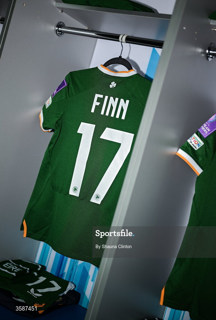 9 October 2026; The jersey of Jamie Finn hangs in the Republic of Ireland dressing room before the 2027 FIFA Women’s World Cup qualifying round 1 play-off first leg match between Kazakhstan and the Republic of Ireland at Astana Arena in Kazakhstan. Photo by Shauna Clinton/Sportsfile