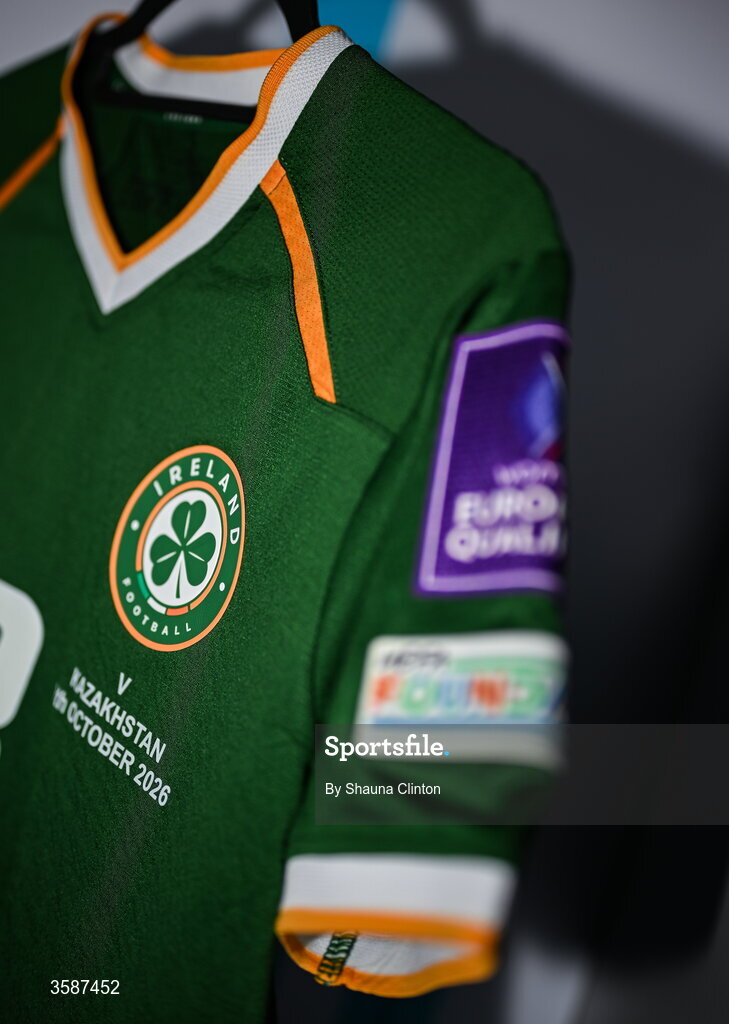 9 October 2026; A general view of the Republic of Ireland jersey before the 2027 FIFA Women’s World Cup qualifying round 1 play-off first leg match between Kazakhstan and the Republic of Ireland at Astana Arena in Kazakhstan. Photo by Shauna Clinton/Sportsfile
