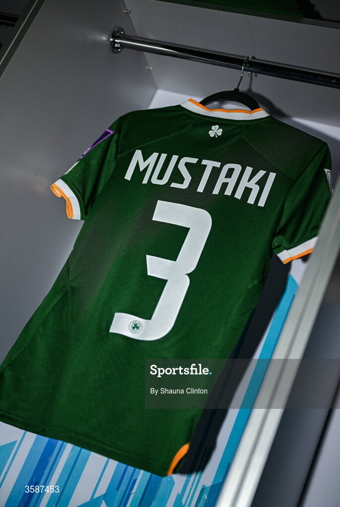9 October 2026; The jersey of Chloe Mustaki hangs in the Republic of Ireland dressing room before the 2027 FIFA Women’s World Cup qualifying round 1 play-off first leg match between Kazakhstan and the Republic of Ireland at Astana Arena in Kazakhstan. Photo by Shauna Clinton/Sportsfile
