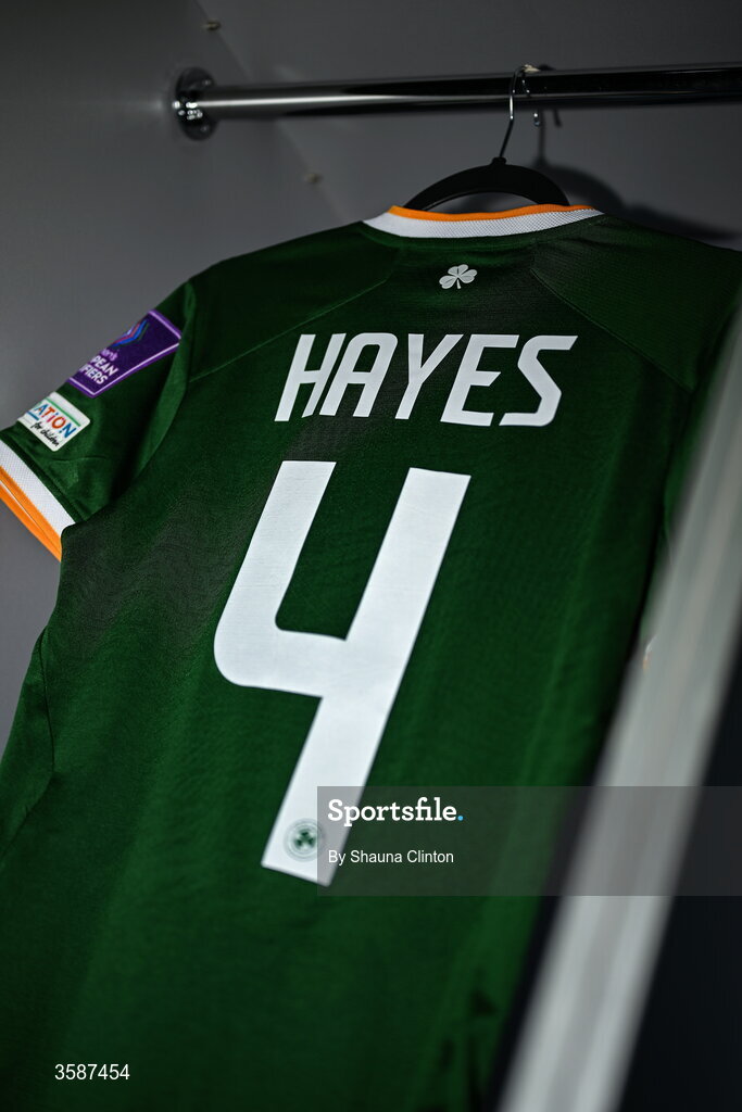 9 October 2026; The jersey of Caitlin Hayes hangs in the Republic of Ireland dressing room before the 2027 FIFA Women’s World Cup qualifying round 1 play-off first leg match between Kazakhstan and the Republic of Ireland at Astana Arena in Kazakhstan. Photo by Shauna Clinton/Sportsfile