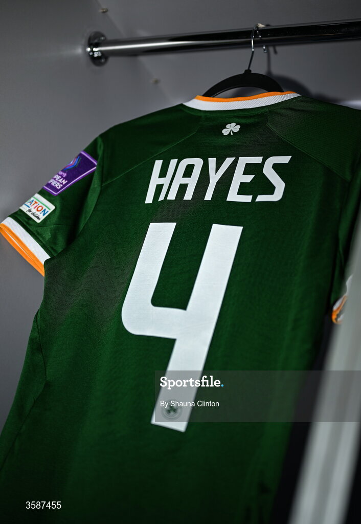 9 October 2026; The jersey of Caitlin Hayes hangs in the Republic of Ireland dressing room before the 2027 FIFA Women’s World Cup qualifying round 1 play-off first leg match between Kazakhstan and the Republic of Ireland at Astana Arena in Kazakhstan. Photo by Shauna Clinton/Sportsfile