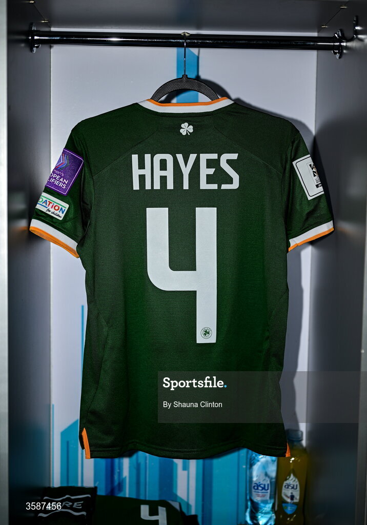 9 October 2026; The jersey of Caitlin Hayes hangs in the Republic of Ireland dressing room before the 2027 FIFA Women’s World Cup qualifying round 1 play-off first leg match between Kazakhstan and the Republic of Ireland at Astana Arena in Kazakhstan. Photo by Shauna Clinton/Sportsfile