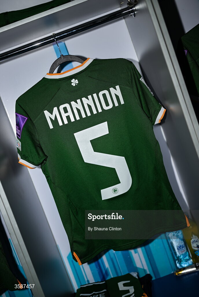9 October 2026; The jersey of Aoife Mannion hangs in the Republic of Ireland dressing room before the 2027 FIFA Women’s World Cup qualifying round 1 play-off first leg match between Kazakhstan and the Republic of Ireland at Astana Arena in Kazakhstan. Photo by Shauna Clinton/Sportsfile