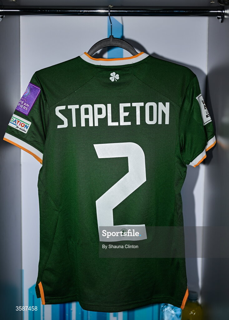 9 October 2026; The jersey of Jessie Stapleton hangs in the Republic of Ireland dressing room before the 2027 FIFA Women’s World Cup qualifying round 1 play-off first leg match between Kazakhstan and the Republic of Ireland at Astana Arena in Kazakhstan. Photo by Shauna Clinton/Sportsfile