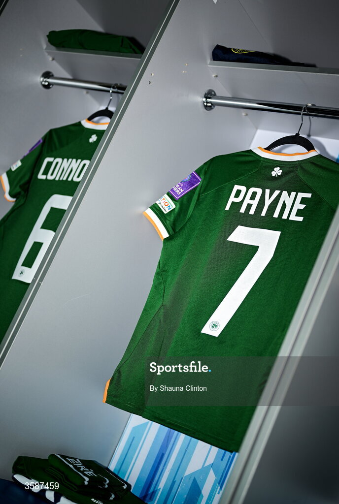 9 October 2026; The jersey of Heather Payne hangs in the Republic of Ireland dressing room before the 2027 FIFA Women’s World Cup qualifying round 1 play-off first leg match between Kazakhstan and the Republic of Ireland at Astana Arena in Kazakhstan. Photo by Shauna Clinton/Sportsfile