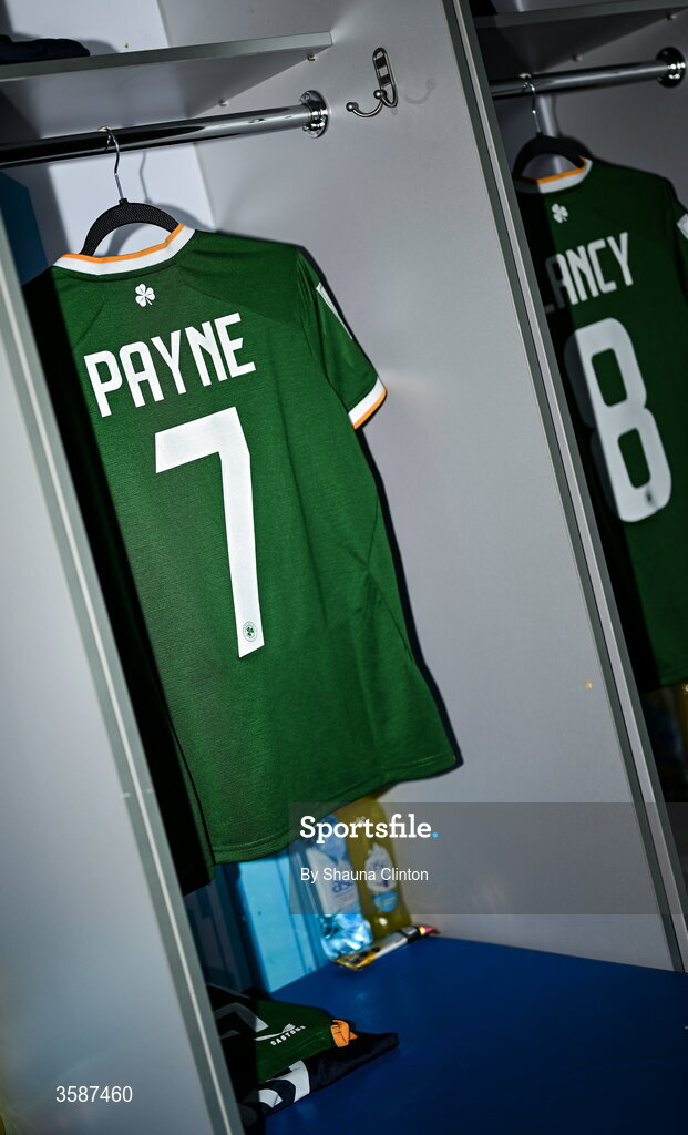 9 October 2026; The jersey of Heather Payne hangs in the Republic of Ireland dressing room before the 2027 FIFA Women’s World Cup qualifying round 1 play-off first leg match between Kazakhstan and the Republic of Ireland at Astana Arena in Kazakhstan. Photo by Shauna Clinton/Sportsfile