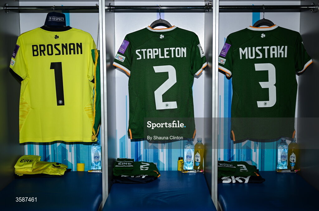 9 October 2026; The jerseys of, from left, goalkeeper Courtney Brosnan, Jessie Stapleton and Chloe Mustaki hang in the Republic of Ireland dressing room before the 2027 FIFA Women’s World Cup qualifying round 1 play-off first leg match between Kazakhstan and the Republic of Ireland at Astana Arena in Kazakhstan. Photo by Shauna Clinton/Sportsfile