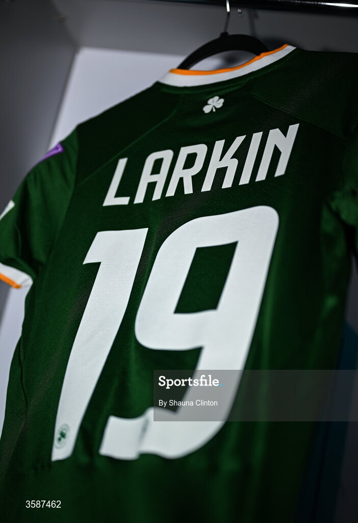 9 October 2026; The jersey of Abbie Larkin hangs in the Republic of Ireland dressing room before the 2027 FIFA Women’s World Cup qualifying round 1 play-off first leg match between Kazakhstan and the Republic of Ireland at Astana Arena in Kazakhstan. Photo by Shauna Clinton/Sportsfile