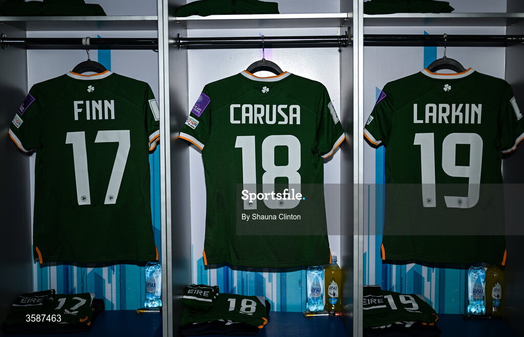 9 October 2026; The jersey of, from left, Jamie Finn, Kyra Carusa and Abbie Larkin hang in the Republic of Ireland dressing room before the 2027 FIFA Women’s World Cup qualifying round 1 play-off first leg match between Kazakhstan and the Republic of Ireland at Astana Arena in Kazakhstan. Photo by Shauna Clinton/Sportsfile