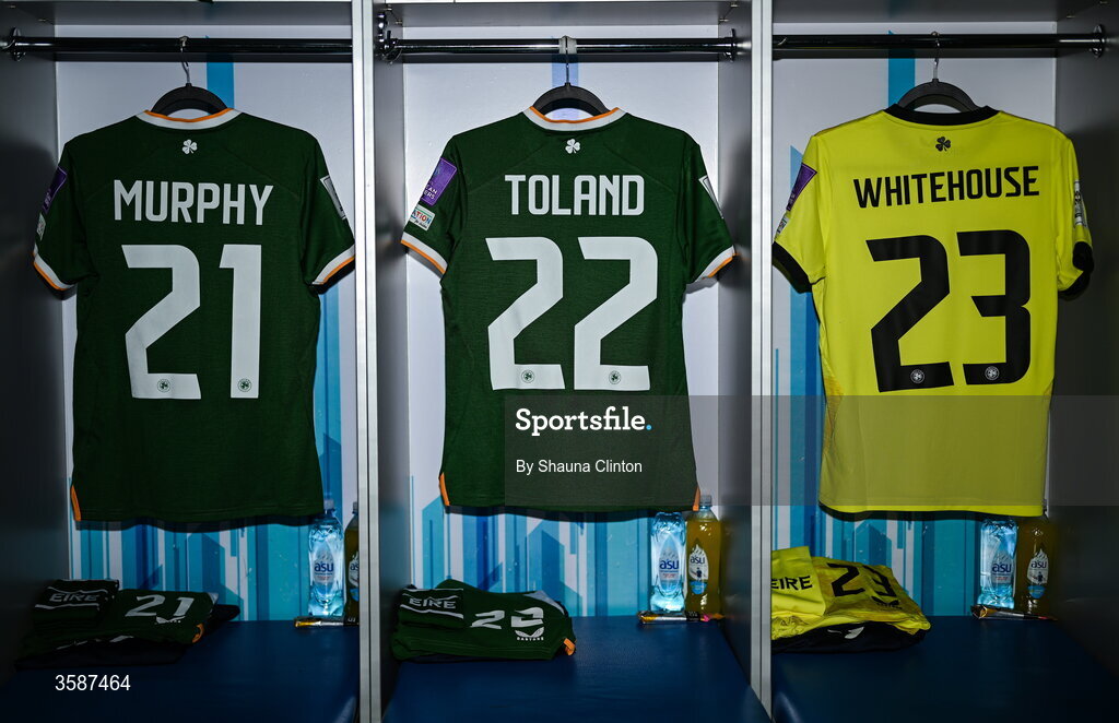 9 October 2026; The jerseys of, from left, Emily Murphy, Tyler Toland and goalkeeper Sophie Whitehouse hang in the Republic of Ireland dressing room before the 2027 FIFA Women’s World Cup qualifying round 1 play-off first leg match between Kazakhstan and the Republic of Ireland at Astana Arena in Kazakhstan. Photo by Shauna Clinton/Sportsfile