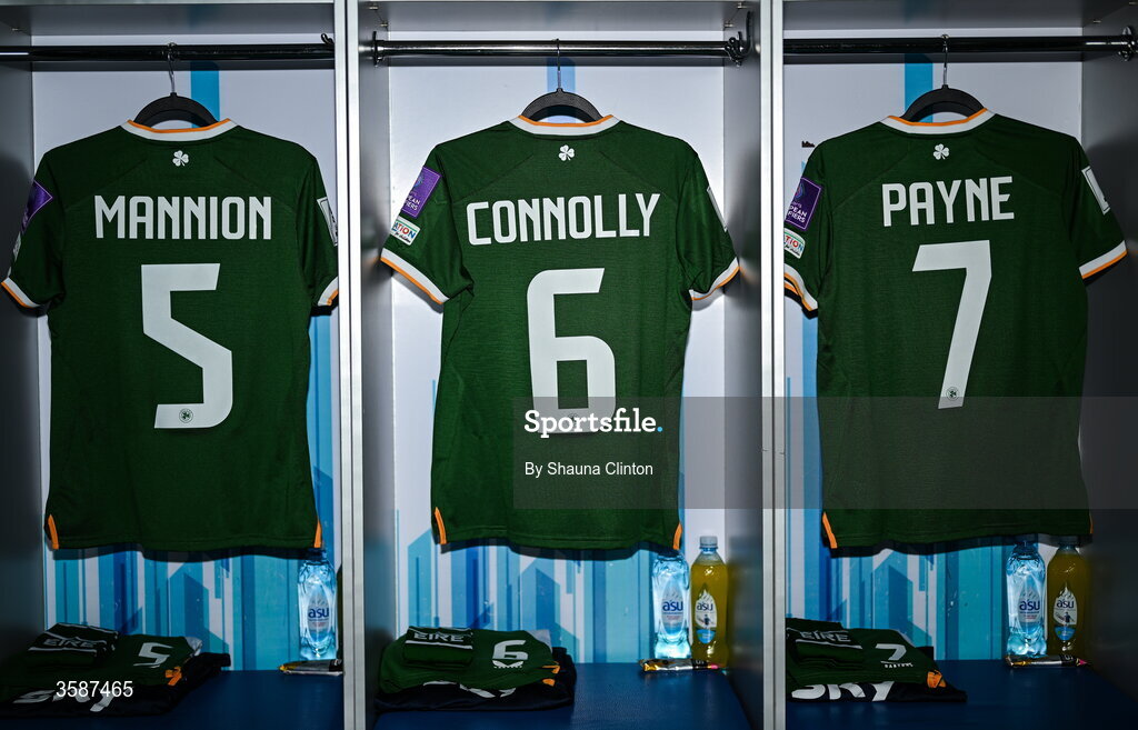9 October 2026; The jerseys of, from left, Aoife Mannion, Megan Connolly and Heather Payne hang in the Republic of Ireland dressing room before the 2027 FIFA Women’s World Cup qualifying round 1 play-off first leg match between Kazakhstan and the Republic of Ireland at Astana Arena in Kazakhstan. Photo by Shauna Clinton/Sportsfile