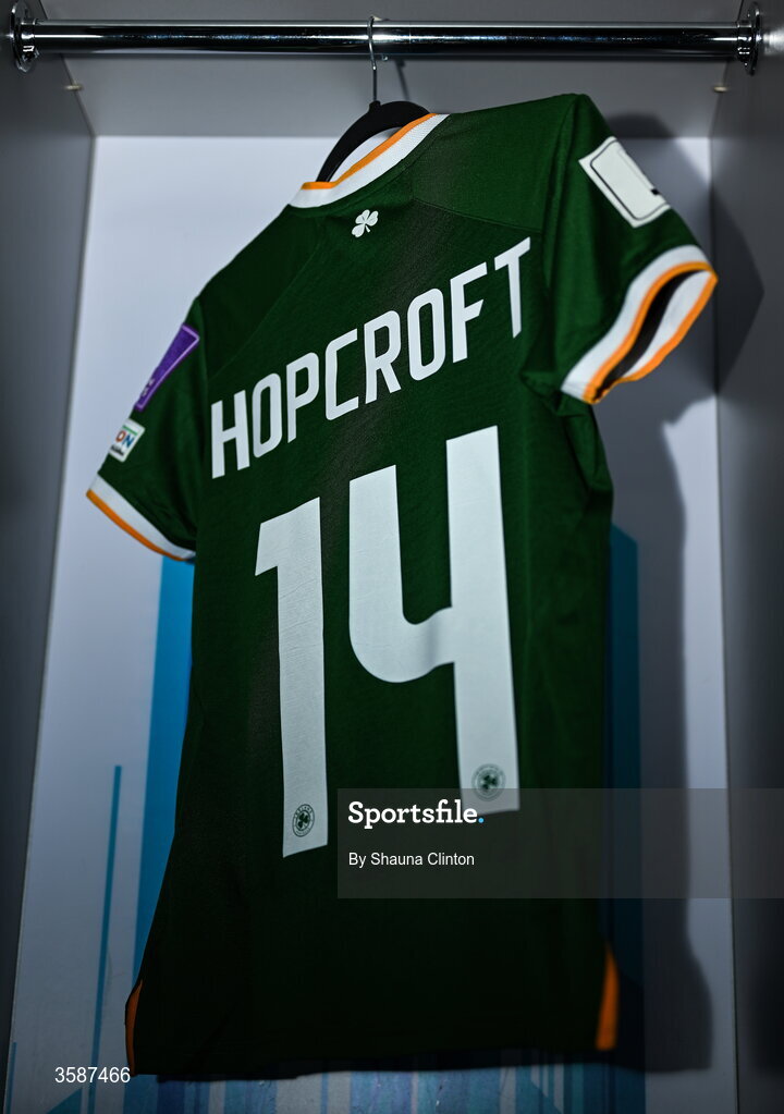 9 October 2026; The jersey of Shanade Hopcroft hangs in the Republic of Ireland dressing room before the 2027 FIFA Women’s World Cup qualifying round 1 play-off first leg match between Kazakhstan and the Republic of Ireland at Astana Arena in Kazakhstan. Photo by Shauna Clinton/Sportsfile