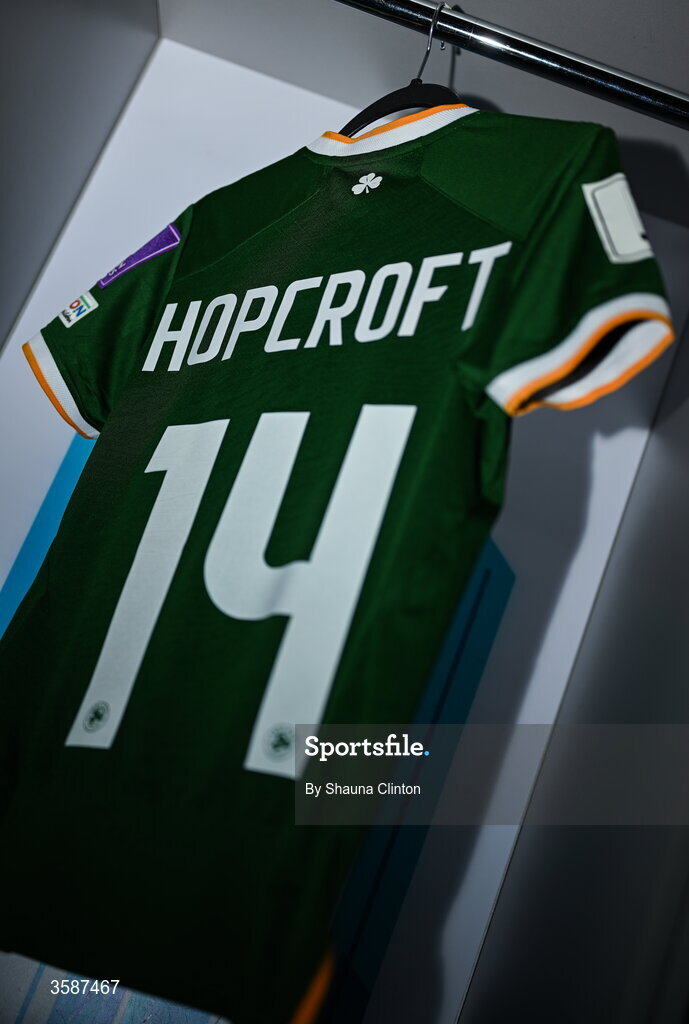 9 October 2026; The jersey of Shanade Hopcroft hangs in the Republic of Ireland dressing room before the 2027 FIFA Women’s World Cup qualifying round 1 play-off first leg match between Kazakhstan and the Republic of Ireland at Astana Arena in Kazakhstan. Photo by Shauna Clinton/Sportsfile