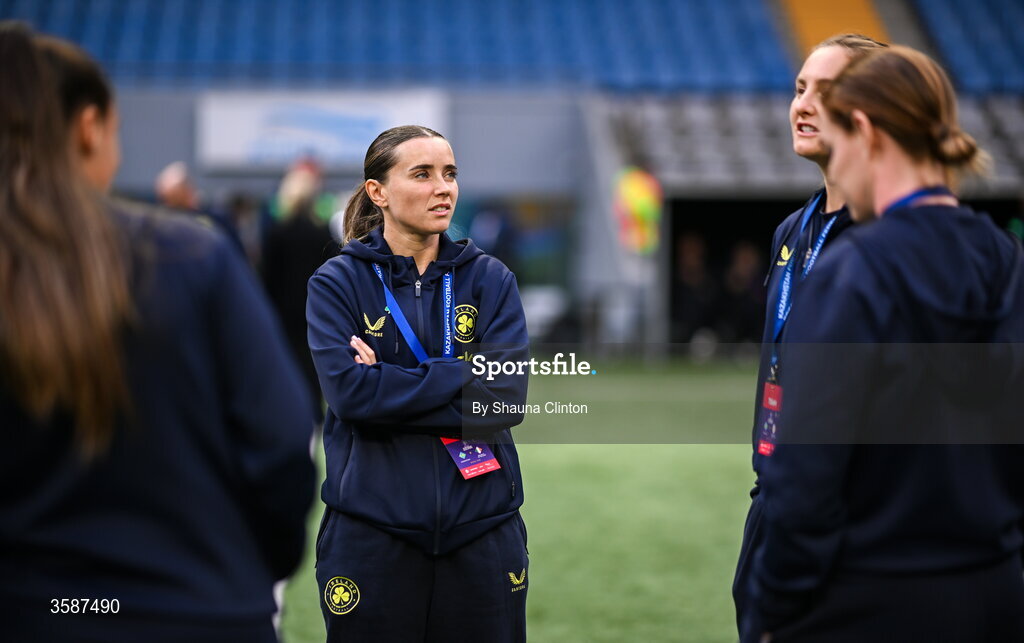 9 October 2026; Shanade Hopcroft of Republic of Ireland, centre, before the 2027 FIFA Women’s World Cup qualifying round 1 play-off first leg match between Kazakhstan and the Republic of Ireland at Astana Arena in Kazakhstan. Photo by Shauna Clinton/Sportsfile