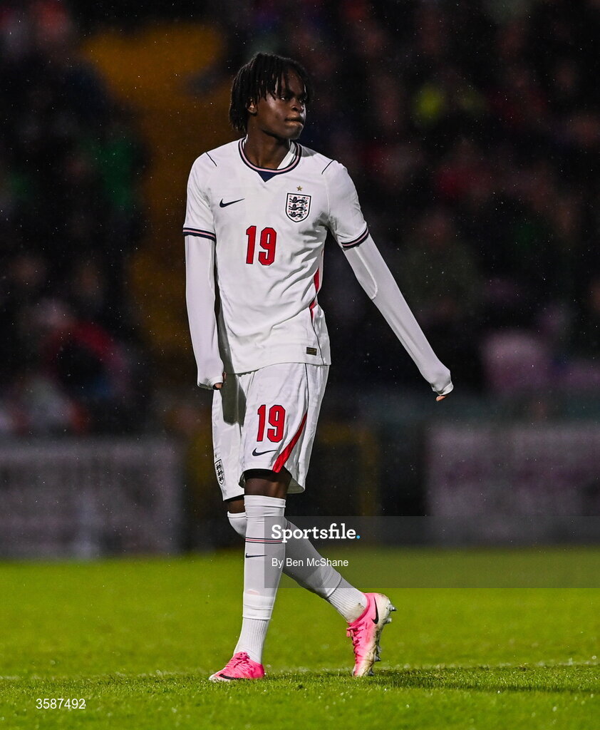 6 October 2026; Tyrique George of England during the UEFA European U21 Championship qualifier match between the Republic of Ireland and England at Turner's Cross Stadium in Cork. Photo by Ben McShane/Sportsfile