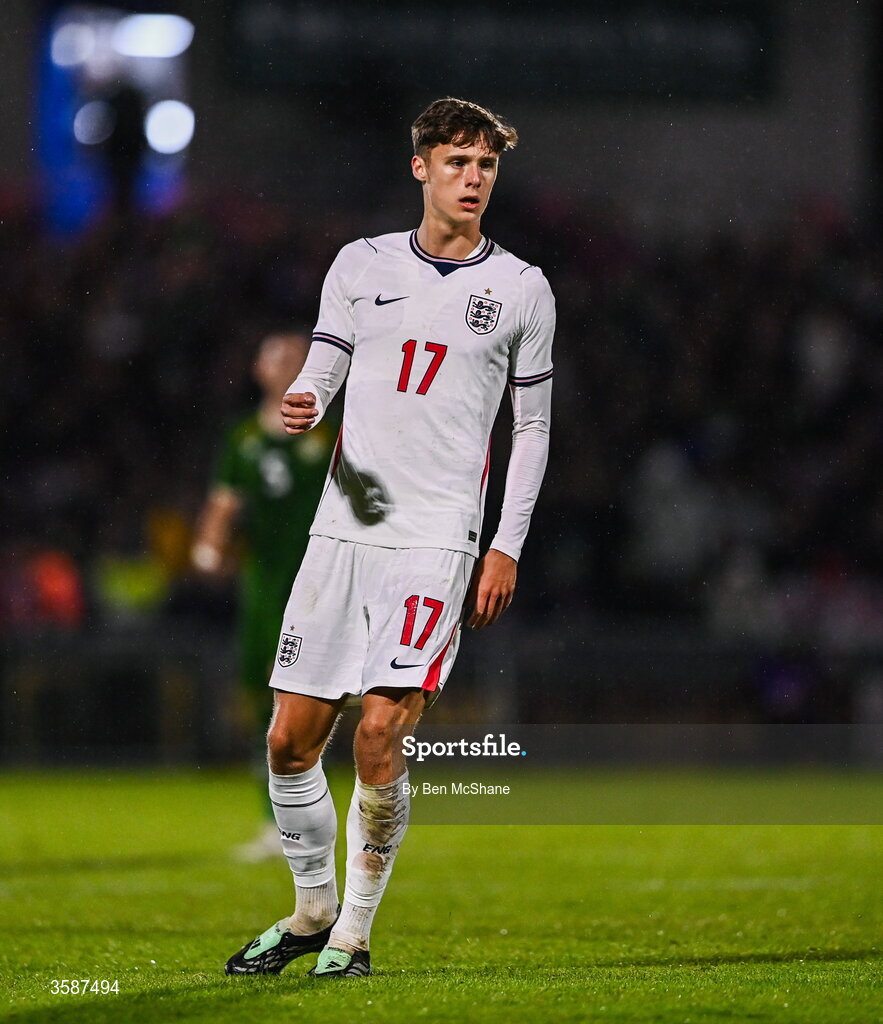 6 October 2026; Harrison Armstrong of England during the UEFA European U21 Championship qualifier match between the Republic of Ireland and England at Turner's Cross Stadium in Cork. Photo by Ben McShane/Sportsfile
