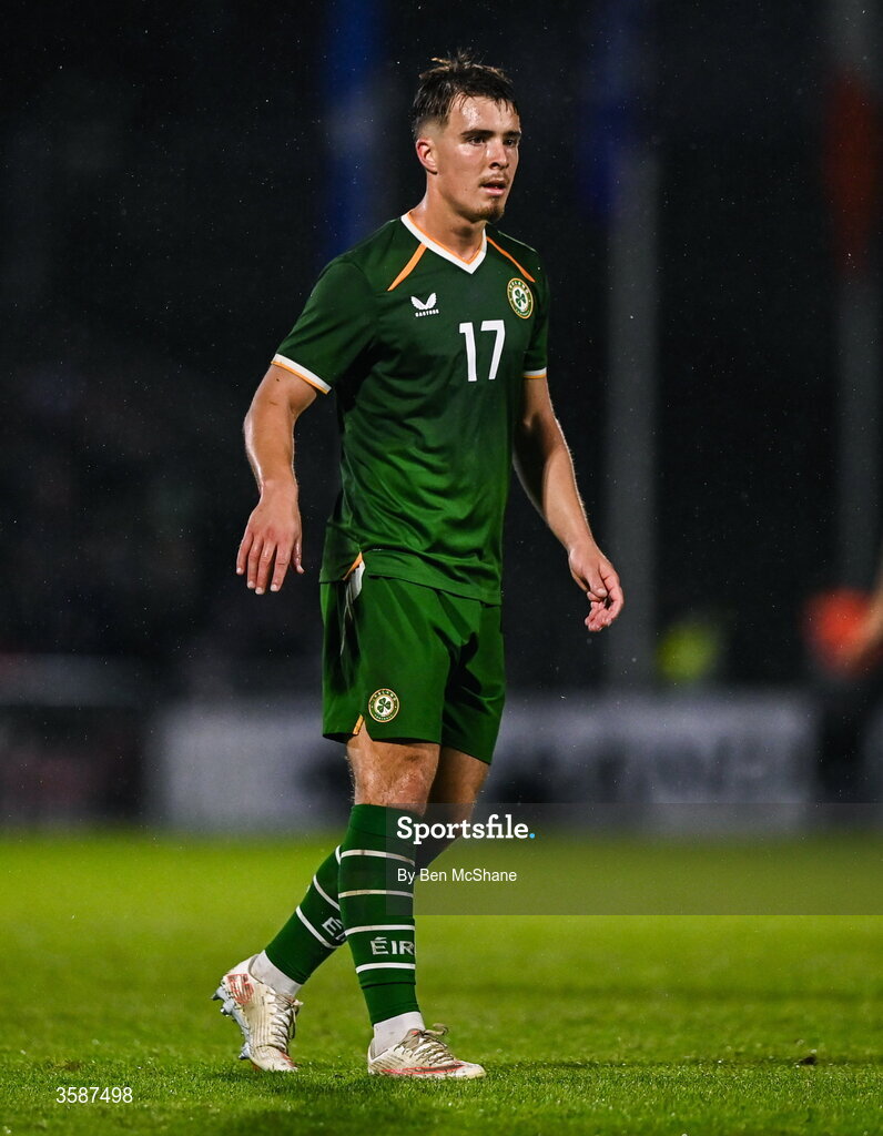 6 October 2026; Tommy Lonergan of Republic of Ireland during the UEFA European U21 Championship qualifier match between the Republic of Ireland and England at Turner's Cross Stadium in Cork. Photo by Ben McShane/Sportsfile