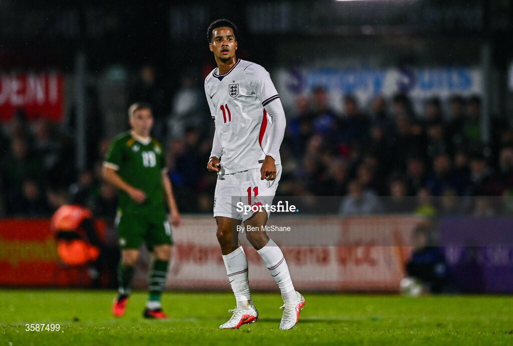 6 October 2026; Divine Mukasa of England during the UEFA European U21 Championship qualifier match between the Republic of Ireland and England at Turner's Cross Stadium in Cork. Photo by Ben McShane/Sportsfile