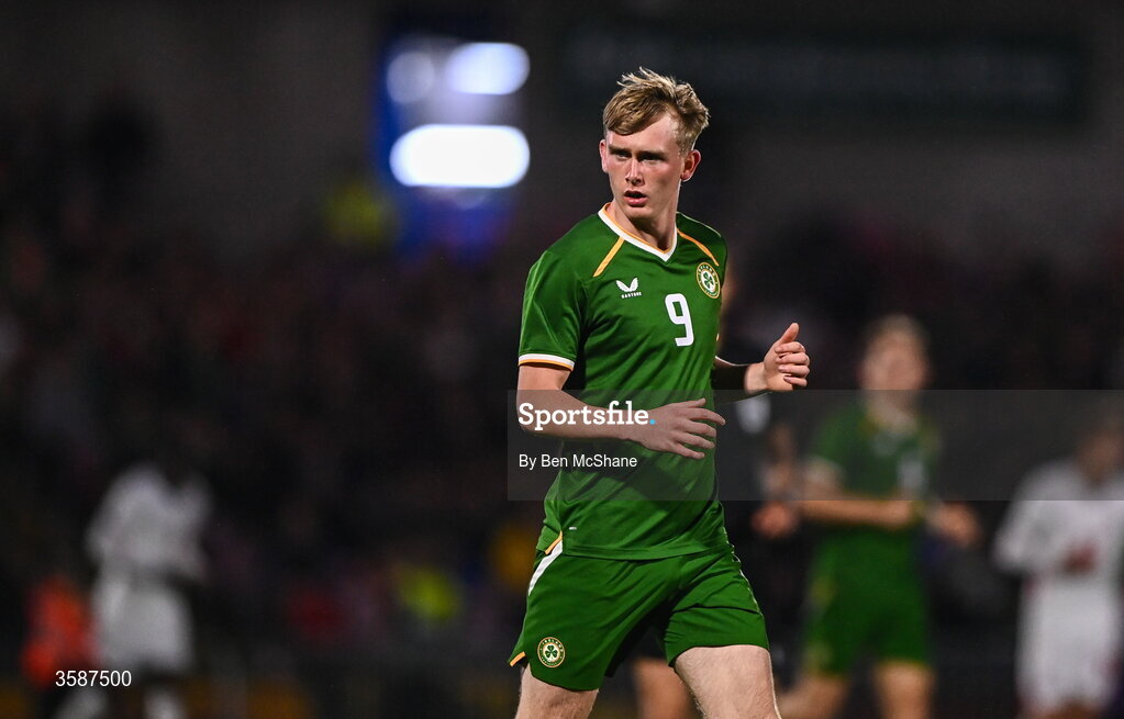 6 October 2026; Michael Noonan of Republic of Ireland during the UEFA European U21 Championship qualifier match between the Republic of Ireland and England at Turner's Cross Stadium in Cork. Photo by Ben McShane/Sportsfile