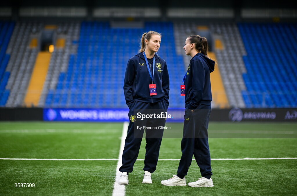 9 October 2026; Kyra Carusa, left, and Abbie Larkin of Republic of Ireland before the 2027 FIFA Women’s World Cup qualifying round 1 play-off first leg match between Kazakhstan and the Republic of Ireland at Astana Arena in Kazakhstan. Photo by Shauna Clinton/Sportsfile