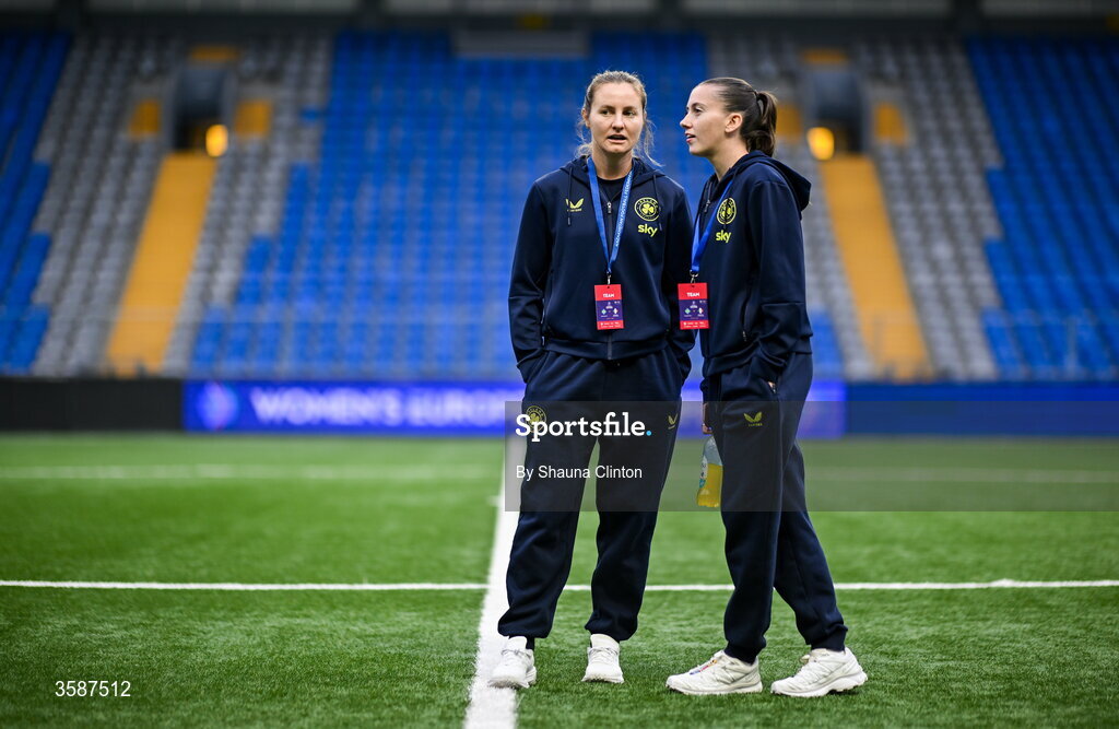 9 October 2026; Kyra Carusa, left, and Abbie Larkin of Republic of Ireland before the 2027 FIFA Women’s World Cup qualifying round 1 play-off first leg match between Kazakhstan and the Republic of Ireland at Astana Arena in Kazakhstan. Photo by Shauna Clinton/Sportsfile