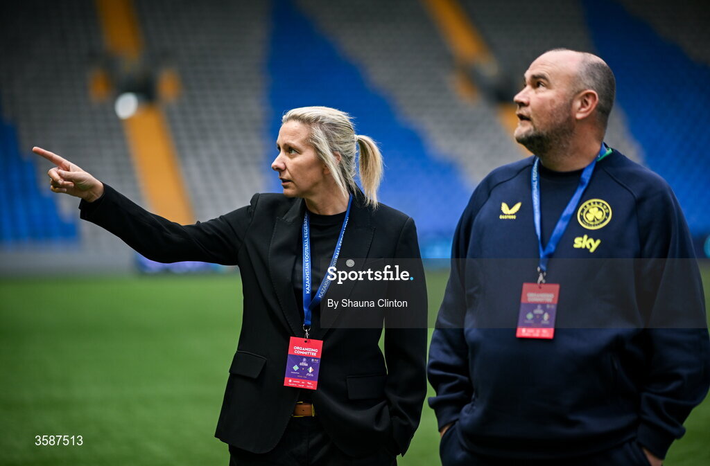 9 October 2026; Republic of Ireland head coach Carla Ward, left, and Republic of Ireland assistant coach Stephen Neligan before the 2027 FIFA Women’s World Cup qualifying round 1 play-off first leg match between Kazakhstan and the Republic of Ireland at Astana Arena in Kazakhstan. Photo by Shauna Clinton/Sportsfile