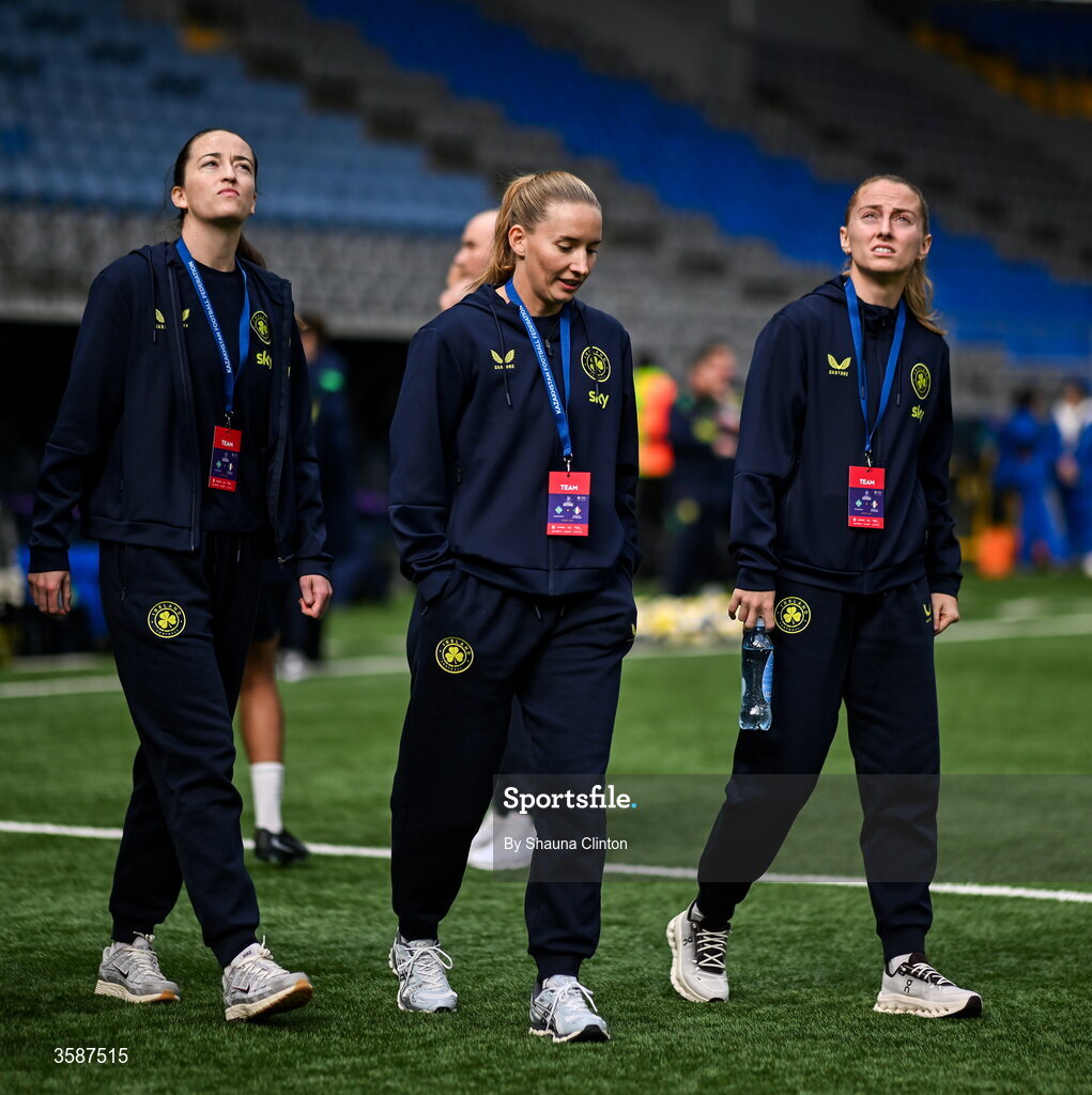9 October 2026; Republic of Ireland players, from left, Anna Patten, left, Sophie Whitehouse and Aoibheann Clancy before the 2027 FIFA Women’s World Cup qualifying round 1 play-off first leg match between Kazakhstan and the Republic of Ireland at Astana Arena in Kazakhstan. Photo by Shauna Clinton/Sportsfile