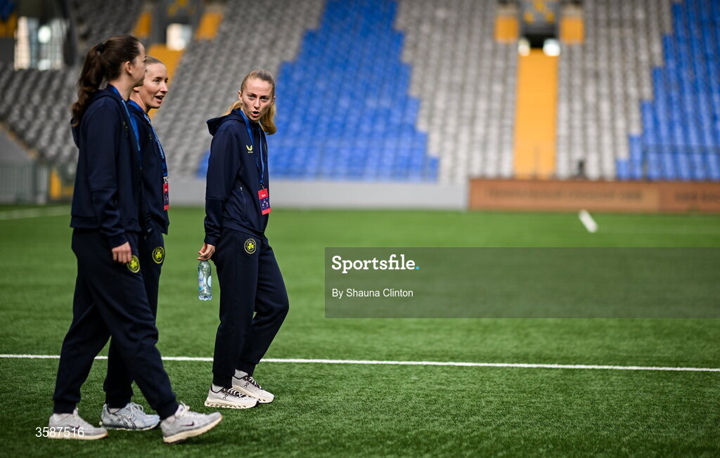 9 October 2026; Aoibheann Clancy of Republic of Ireland, right, before the 2027 FIFA Women’s World Cup qualifying round 1 play-off first leg match between Kazakhstan and the Republic of Ireland at Astana Arena in Kazakhstan. Photo by Shauna Clinton/Sportsfile