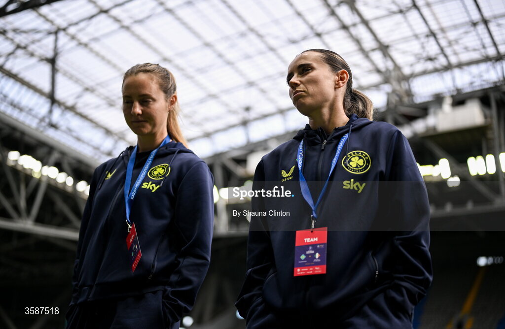 9 October 2026; Kyra Carusa, left, and Shanade Hopcroft of Republic of Ireland during the 2027 FIFA Women’s World Cup qualifying round 1 play-off first leg match between Kazakhstan and the Republic of Ireland at Astana Arena in Kazakhstan. Photo by Shauna Clinton/Sportsfile