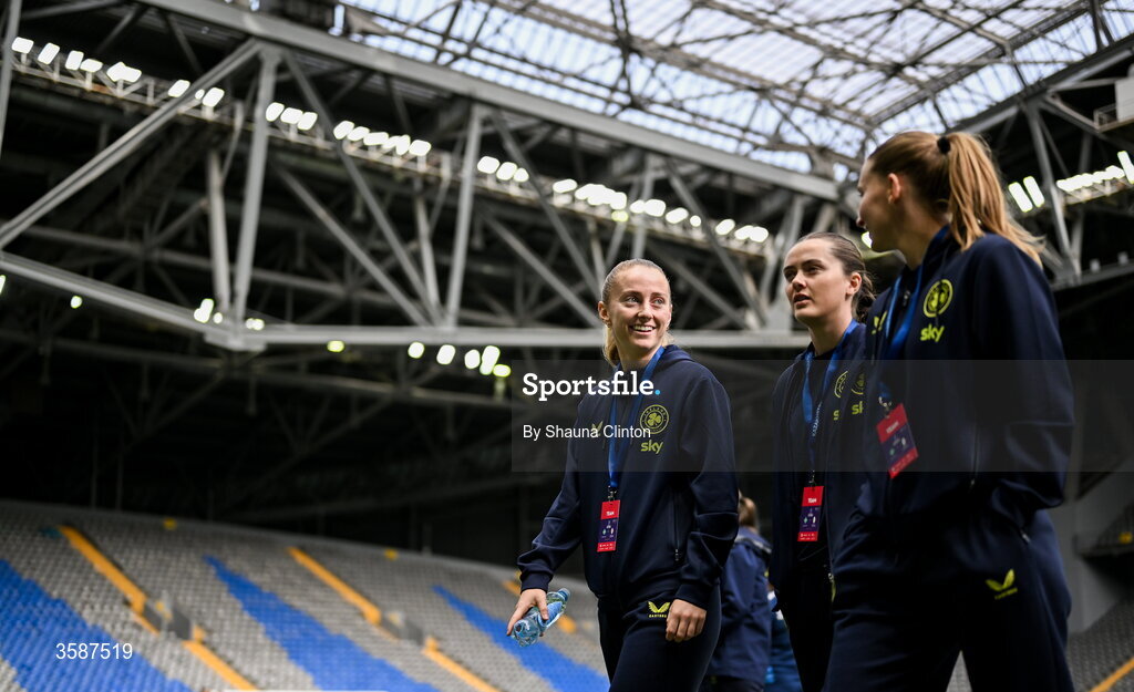 9 October 2026; Republic of Ireland players, from left, Aoibheann Clancy, left, Tyler Toland and goalkeeper Sophie Whitehouse before the 2027 FIFA Women’s World Cup qualifying round 1 play-off first leg match between Kazakhstan and the Republic of Ireland at Astana Arena in Kazakhstan. Photo by Shauna Clinton/Sportsfile