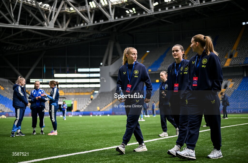 9 October 2026; Republic of Ireland players, from left, Aoibheann Clancy, left, Tyler Toland and goalkeeper Sophie Whitehouse before the 2027 FIFA Women’s World Cup qualifying round 1 play-off first leg match between Kazakhstan and the Republic of Ireland at Astana Arena in Kazakhstan. Photo by Shauna Clinton/Sportsfile