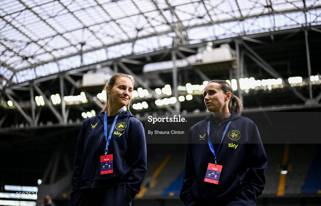 9 October 2026; Kyra Carusa, left, and Shanade Hopcroft of Republic of Ireland before the 2027 FIFA Women’s World Cup qualifying round 1 play-off first leg match between Kazakhstan and the Republic of Ireland at Astana Arena in Kazakhstan. Photo by Shauna Clinton/Sportsfile