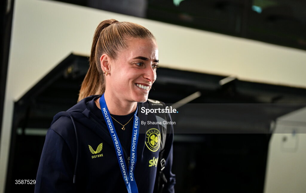 9 October 2026; Chloe Mustaki of Republic of Ireland before the 2027 FIFA Women’s World Cup qualifying round 1 play-off first leg match between Kazakhstan and the Republic of Ireland at Astana Arena in Kazakhstan. Photo by Shauna Clinton/Sportsfile
