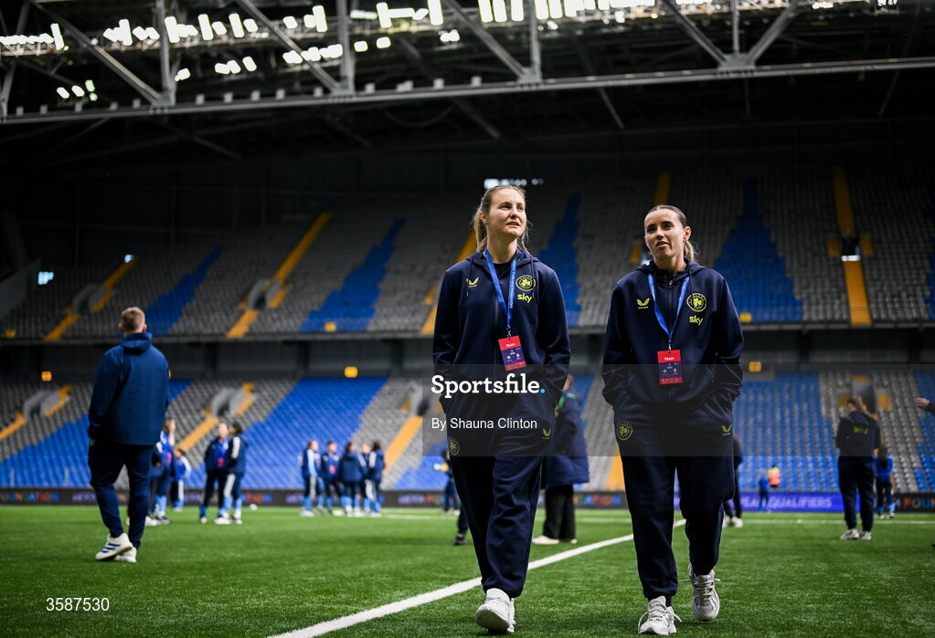 9 October 2026; Kyra Carusa, left, and Shanade Hopcroft of Republic of Ireland before the 2027 FIFA Women’s World Cup qualifying round 1 play-off first leg match between Kazakhstan and the Republic of Ireland at Astana Arena in Kazakhstan. Photo by Shauna Clinton/Sportsfile