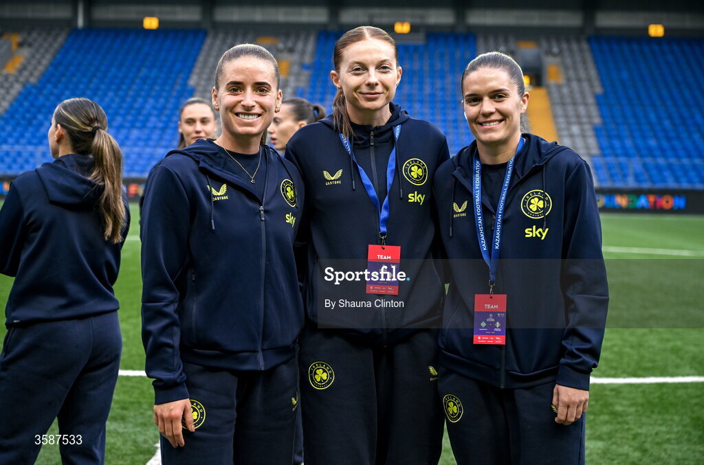 9 October 2026; Republic of Ireland players, from left, Chloe Mustaki, Hayley Nolan and Jamie Finn before the 2027 FIFA Women’s World Cup qualifying round 1 play-off first leg match between Kazakhstan and the Republic of Ireland at Astana Arena in Kazakhstan. Photo by Shauna Clinton/Sportsfile
