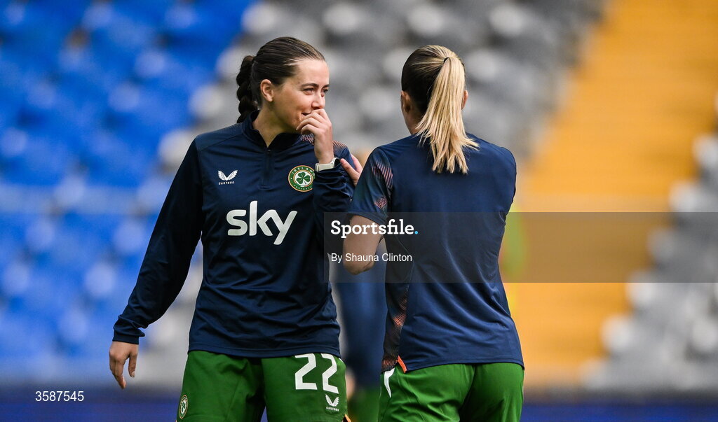 9 October 2026; Tyler Toland, left, and Jamie Finn of Republic of Ireland before the 2027 FIFA Women’s World Cup qualifying round 1 play-off first leg match between Kazakhstan and the Republic of Ireland at Astana Arena in Kazakhstan. Photo by Shauna Clinton/Sportsfile