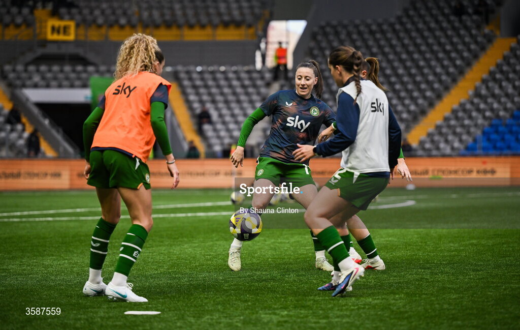 9 October 2026; Lucy Quinn of Republic of Ireland, centre, before the 2027 FIFA Women’s World Cup qualifying round 1 play-off first leg match between Kazakhstan and the Republic of Ireland at Astana Arena in Kazakhstan. Photo by Shauna Clinton/Sportsfile