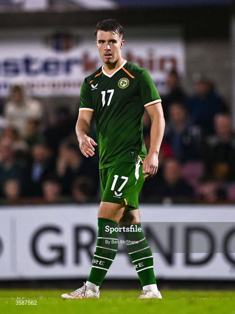 6 October 2026; Tommy Lonergan of Republic of Ireland during the UEFA European U21 Championship qualifier match between the Republic of Ireland and England at Turner's Cross Stadium in Cork. Photo by Ben McShane/Sportsfile