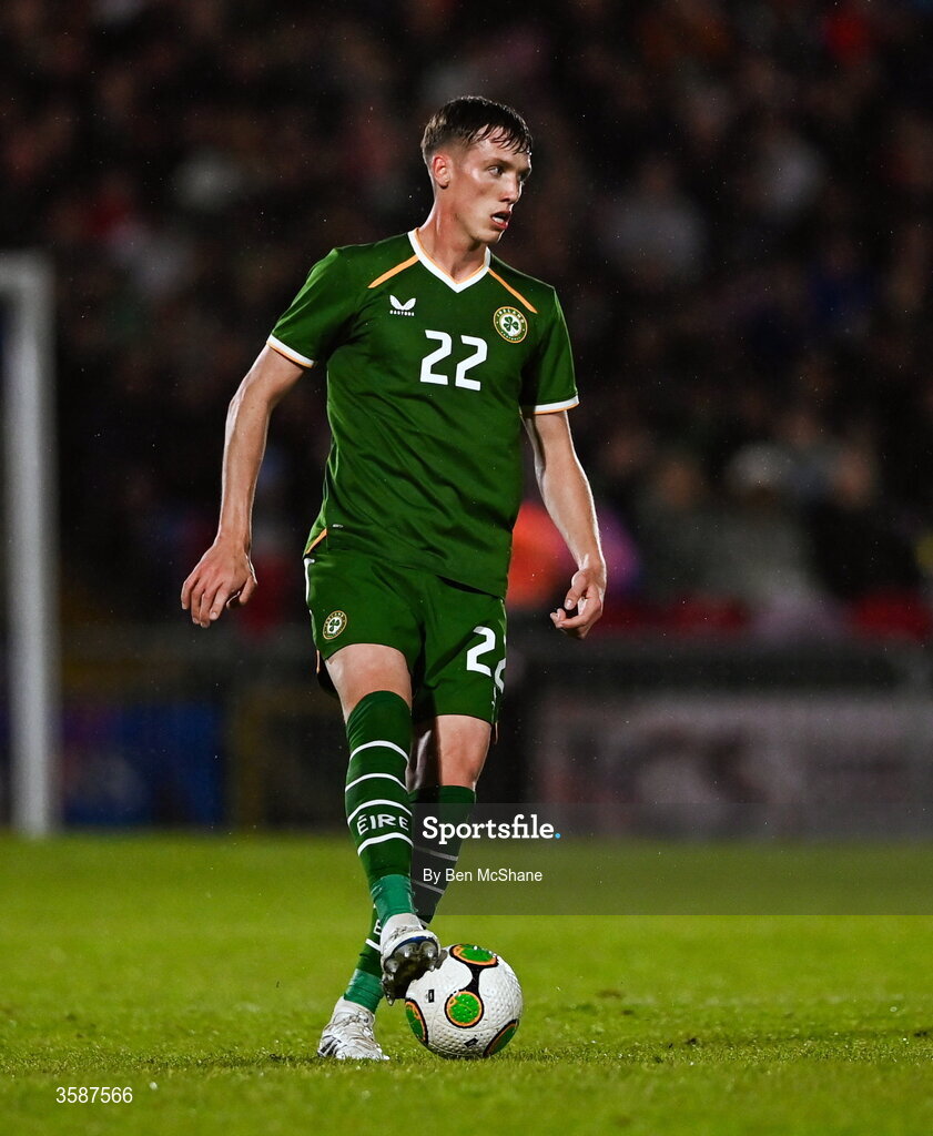 6 October 2026; Oisin Gallagher of Republic of Ireland during the UEFA European U21 Championship qualifier match between the Republic of Ireland and England at Turner's Cross Stadium in Cork. Photo by Ben McShane/Sportsfile