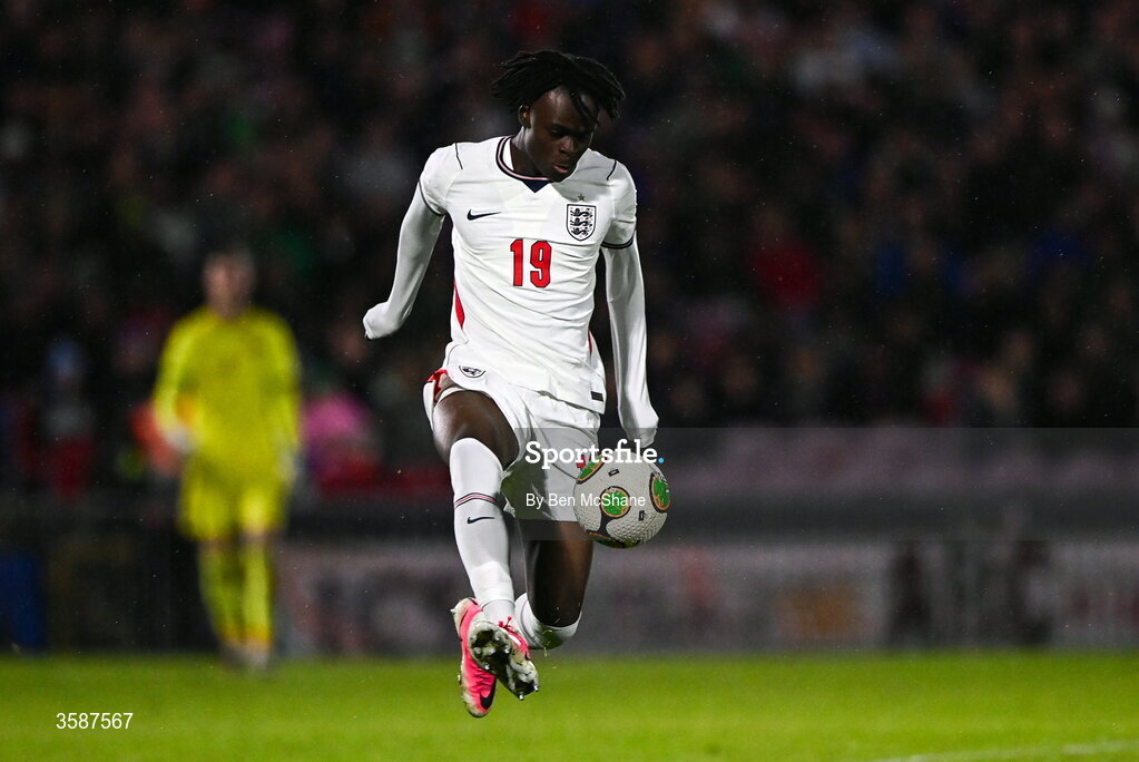 6 October 2026; Tyrique George of England during the UEFA European U21 Championship qualifier match between the Republic of Ireland and England at Turner's Cross Stadium in Cork. Photo by Ben McShane/Sportsfile