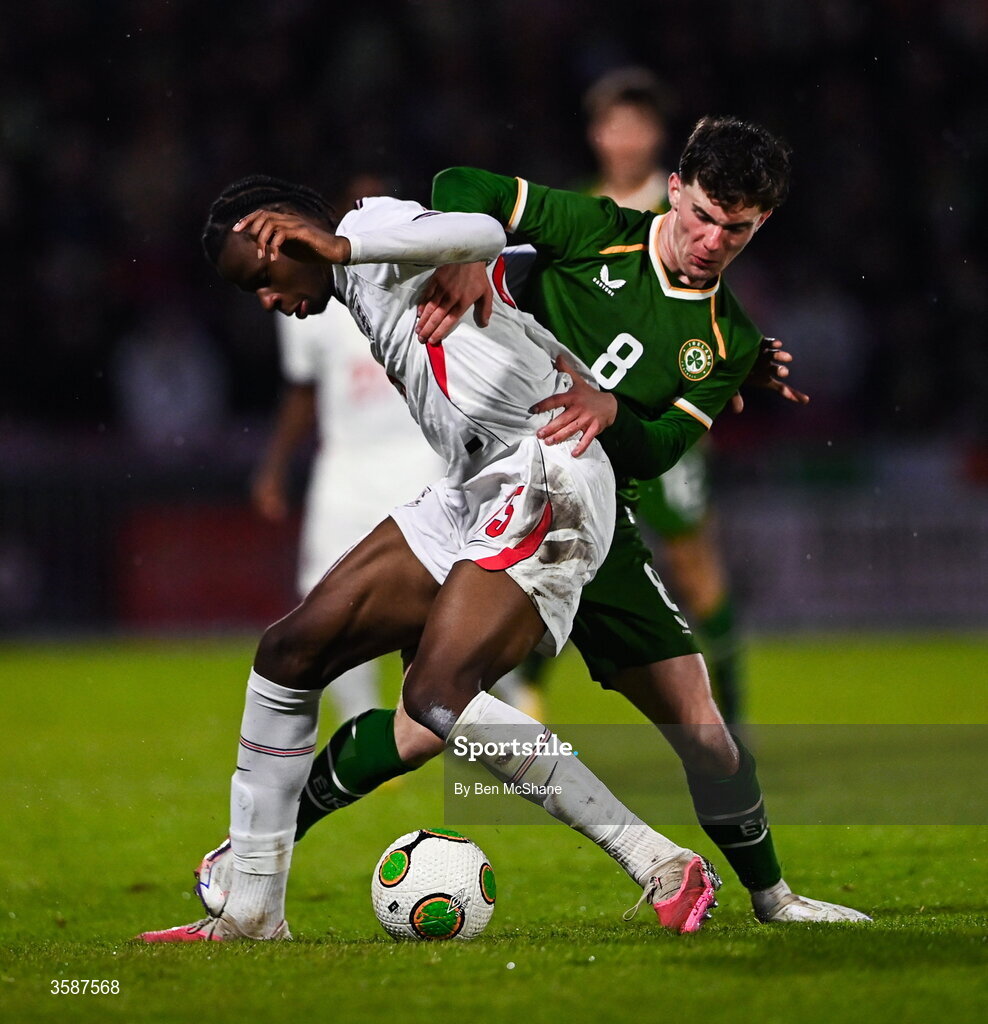 6 October 2026; Stephen Mfuni of England and Jamie Mullins of Republic of Ireland during the UEFA European U21 Championship qualifier match between the Republic of Ireland and England at Turner's Cross Stadium in Cork. Photo by Ben McShane/Sportsfile